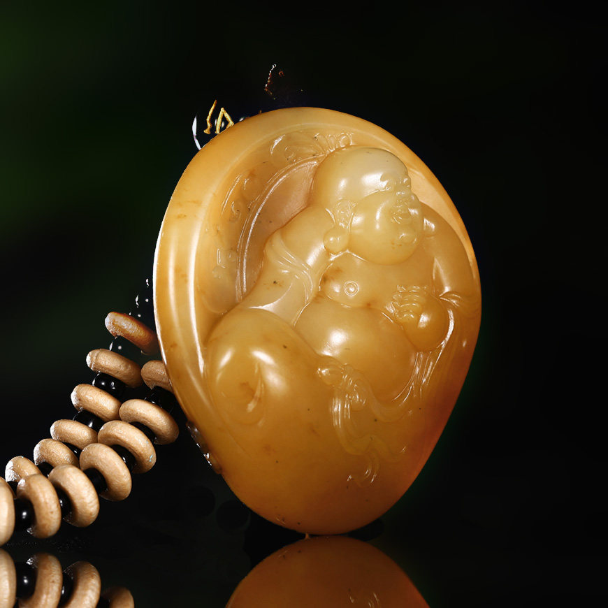 省级玉石雕刻大师仝杰作满黄沁独籽笑佛【笑口常开】和田玉挂件 z