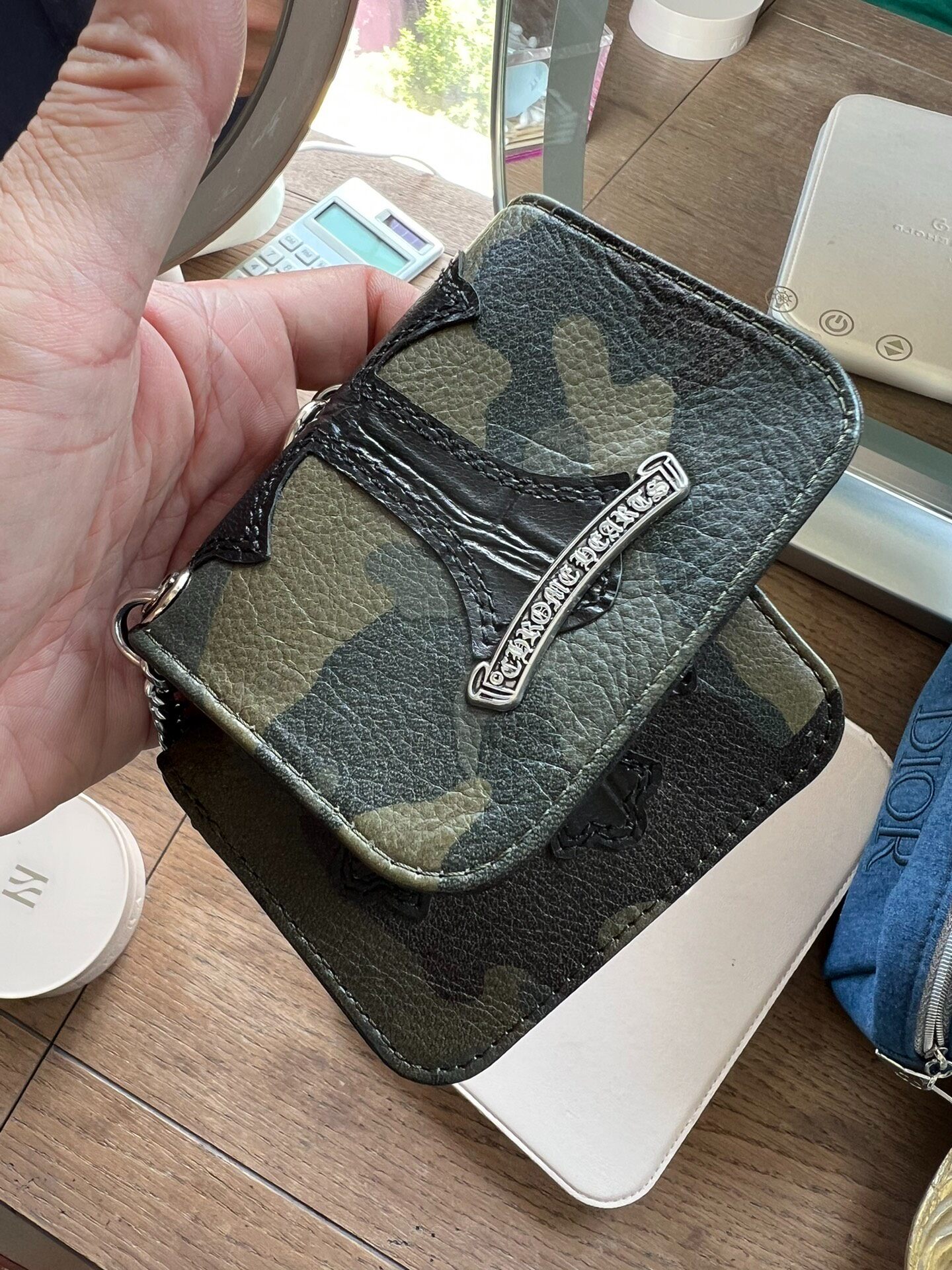 Chrome Hearts Style Camouflage Calfskin Scroll Card Holder with Cross Motif