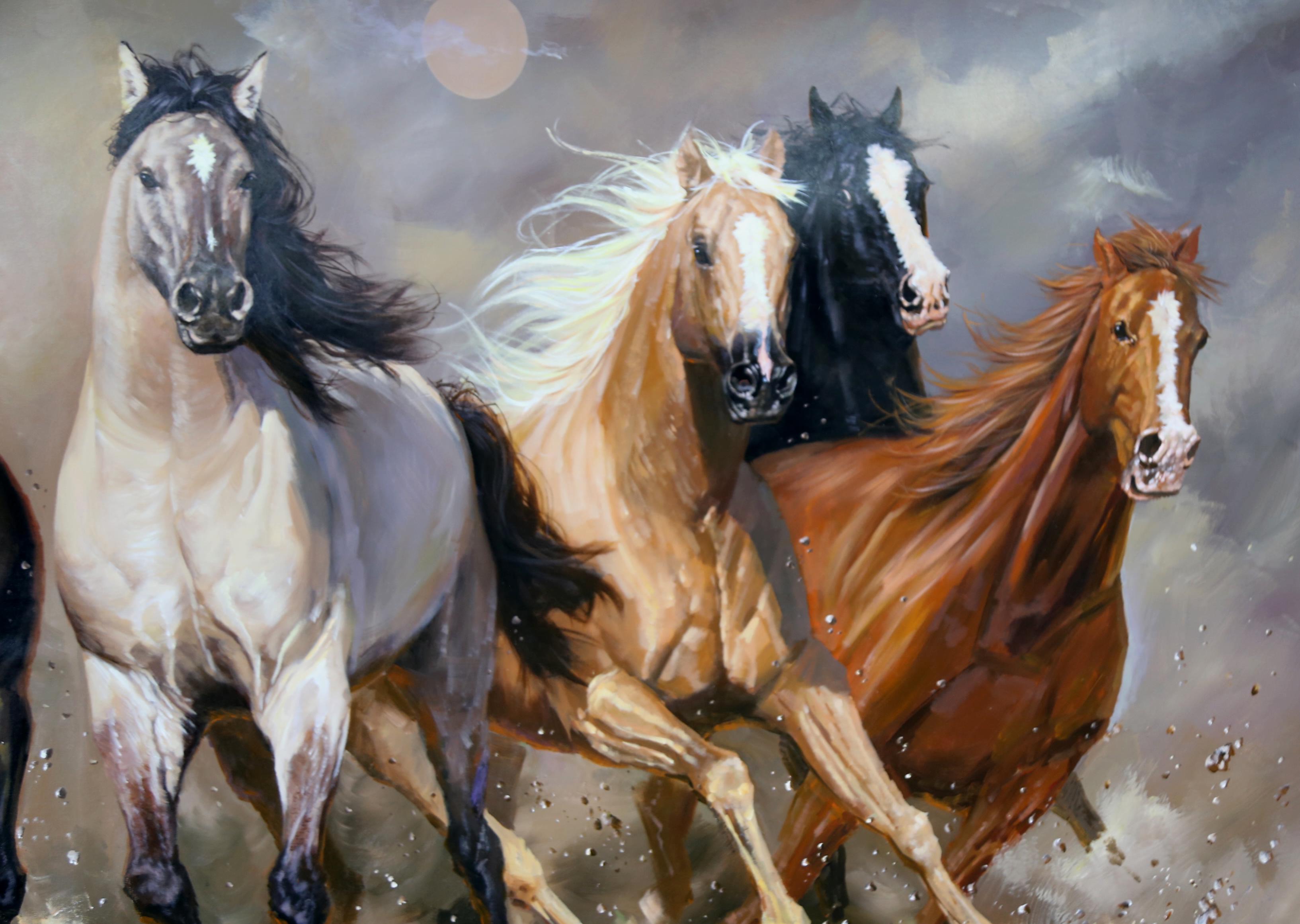 珍藏级朝鲜油画 一级艺术家 林洙成《动物 奔驰的骏马