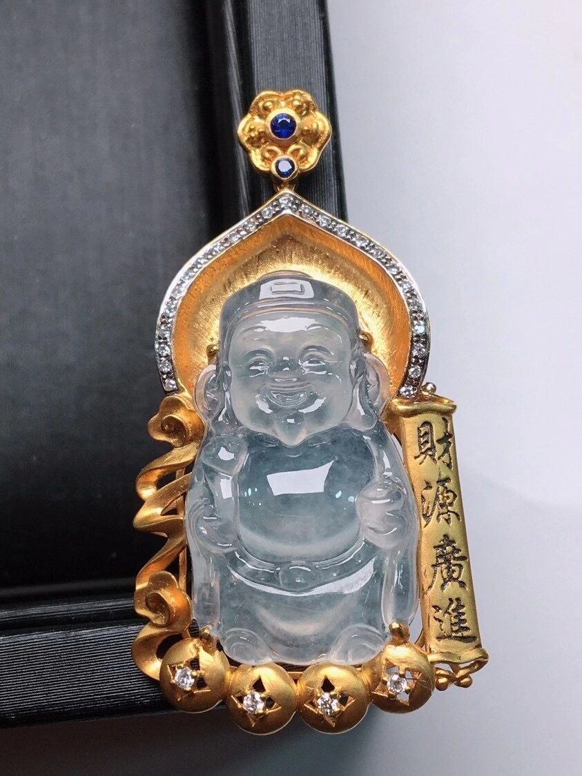 18k金豪华镶嵌正品玉石缅甸天然a货高端翡翠高冰种起胶财神爷吊坠