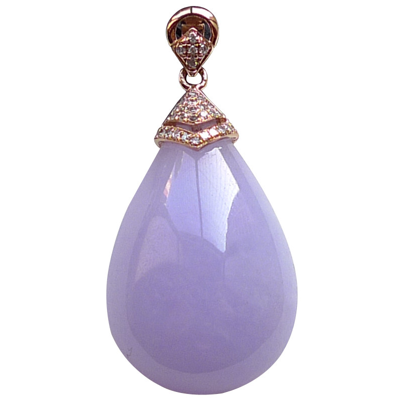 18k金镶玉镶嵌钻石老坑翡翠a货紫罗兰水滴吊坠 5.42克