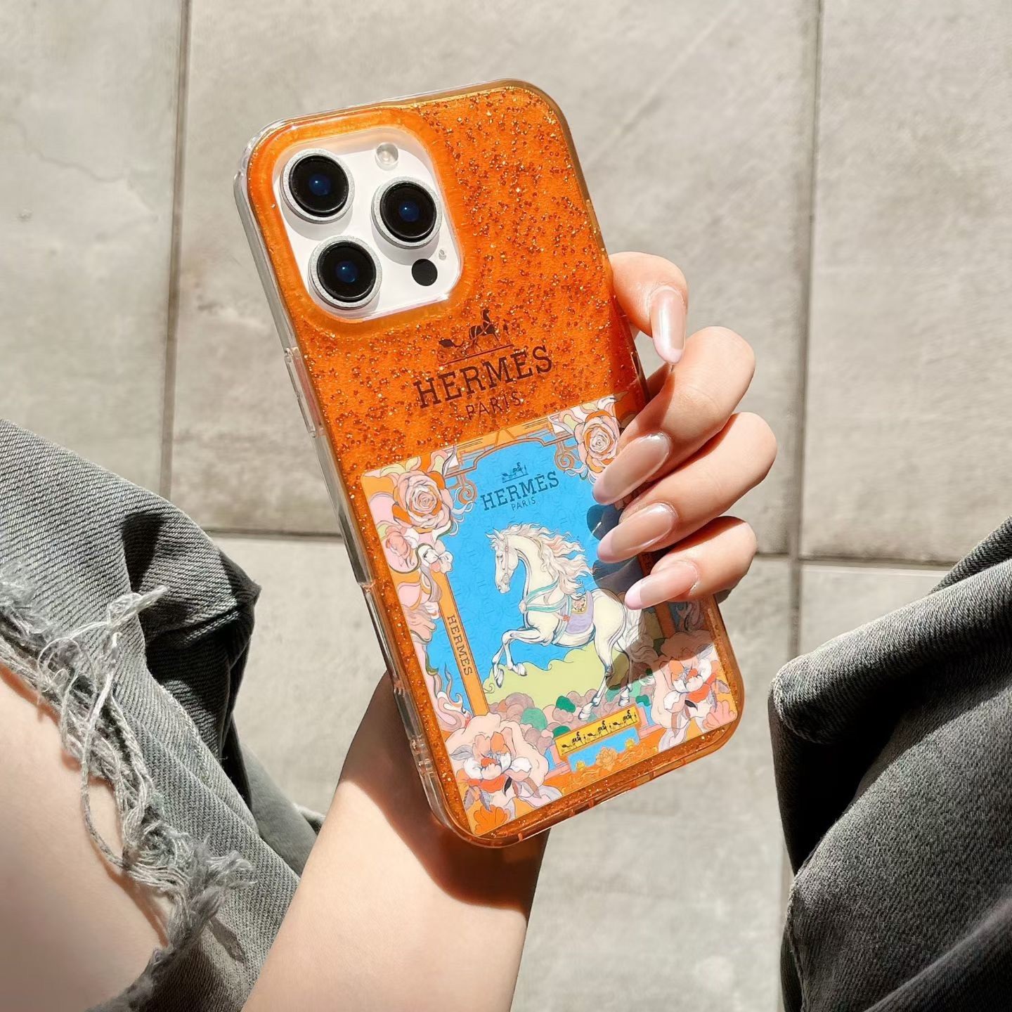 实拍全新闪粉双层爱马仕橙苹果系列手机壳