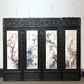 23:006次出价余顺福作品黄花梨雕刻老框镶瓷板画粉彩十二金钗四条挂屏