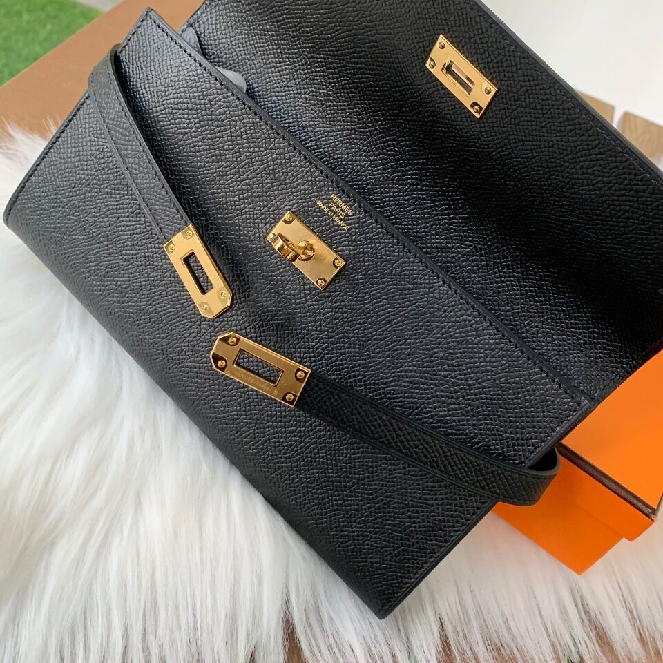 全新hermes/爱马仕kelly系列c刻 黑色 ep皮 金扣女士经典钱包