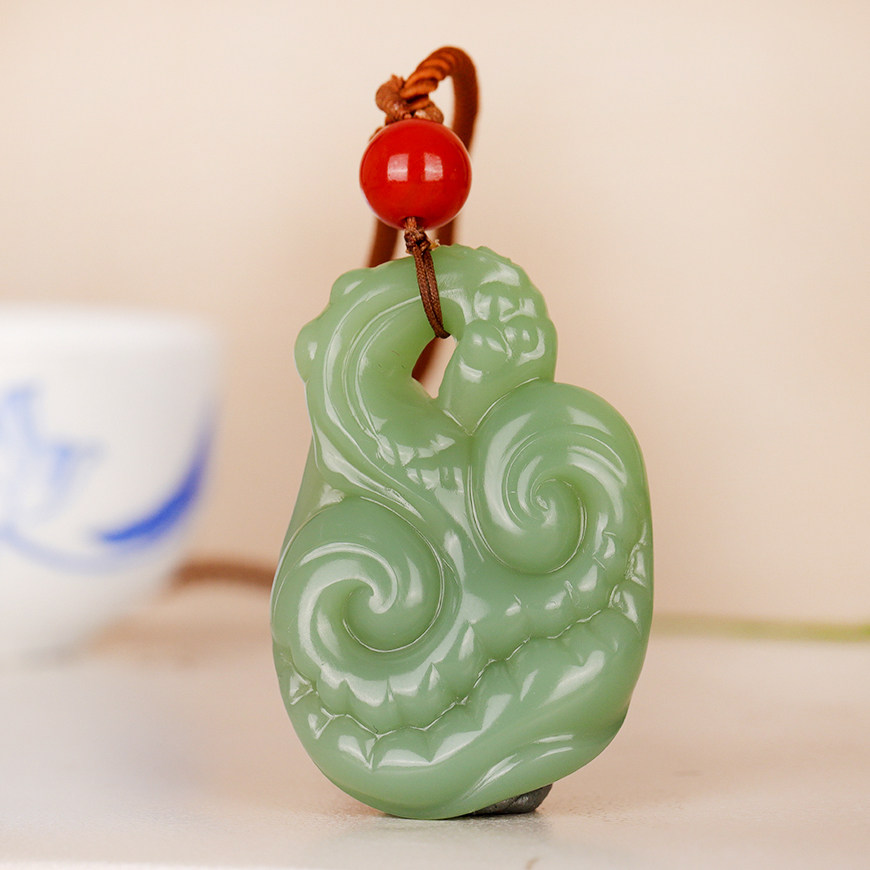 省级玉雕大师丁功博作品和田玉碧玉灵芝如意挂件20克男女同款吊坠