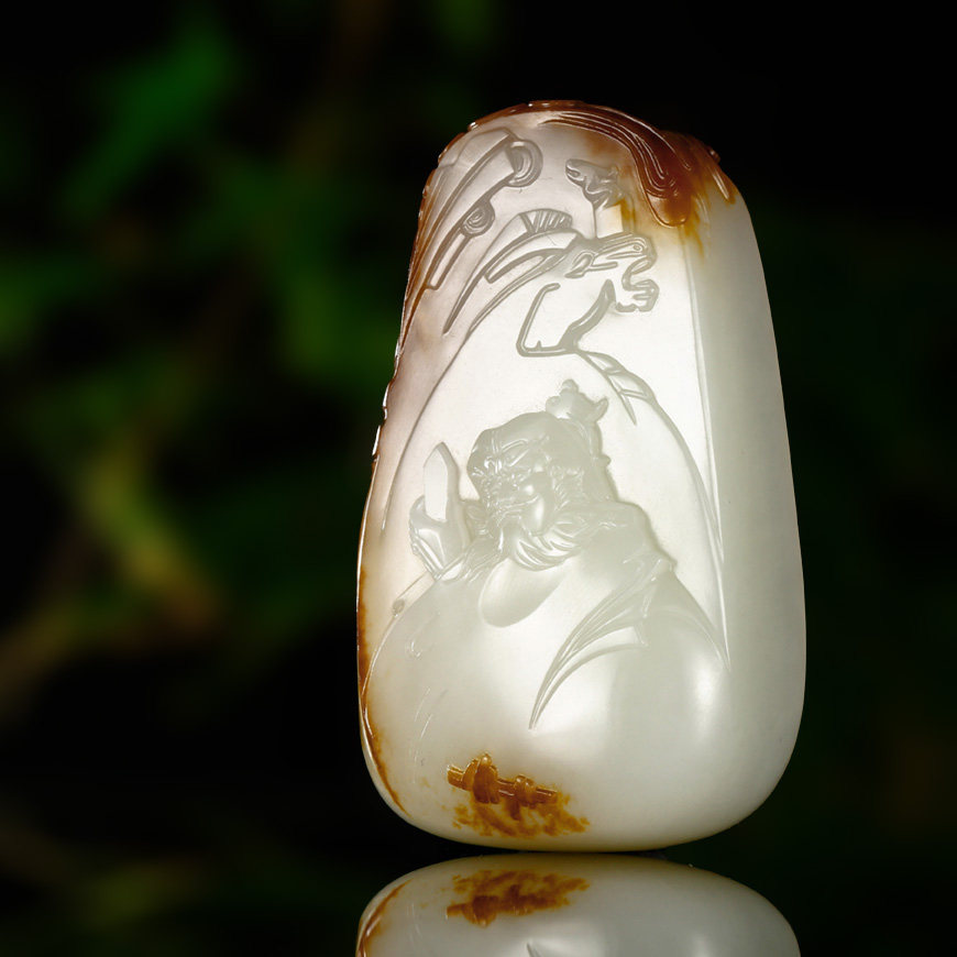 省级玉雕大师仝杰作品新疆和田玉黄沁籽料武财神挂件83克手把件s