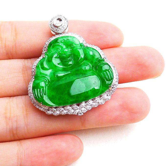 [收藏级] 缅甸a货吊坠-18k金钻镶嵌老坑冰种 阳绿佛公 7.42g