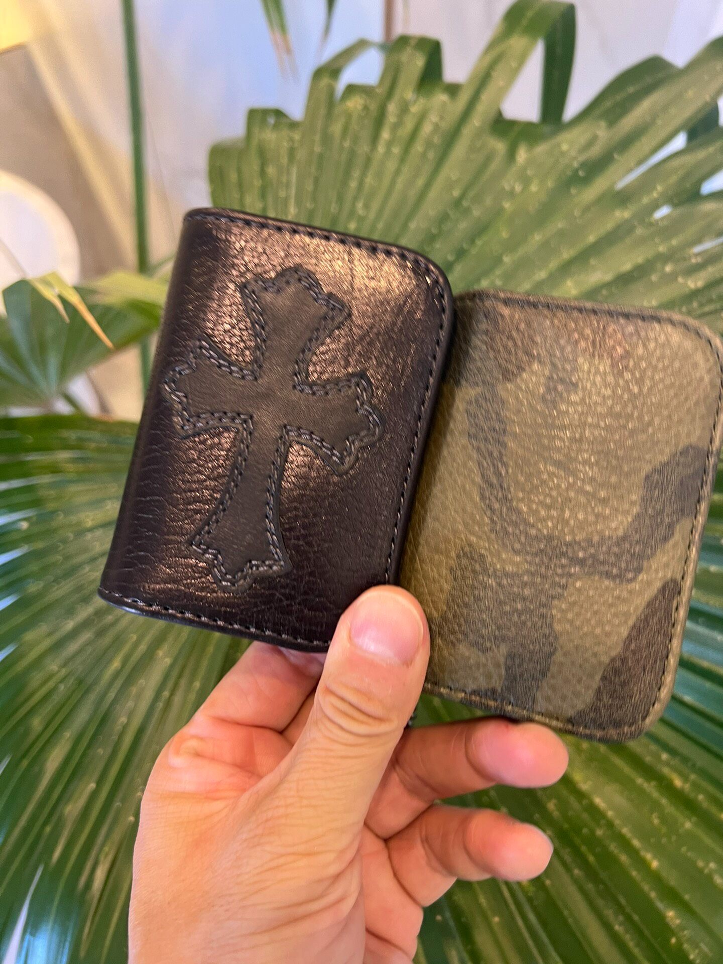 Black Calfskin Scroll Card Holder with Chain