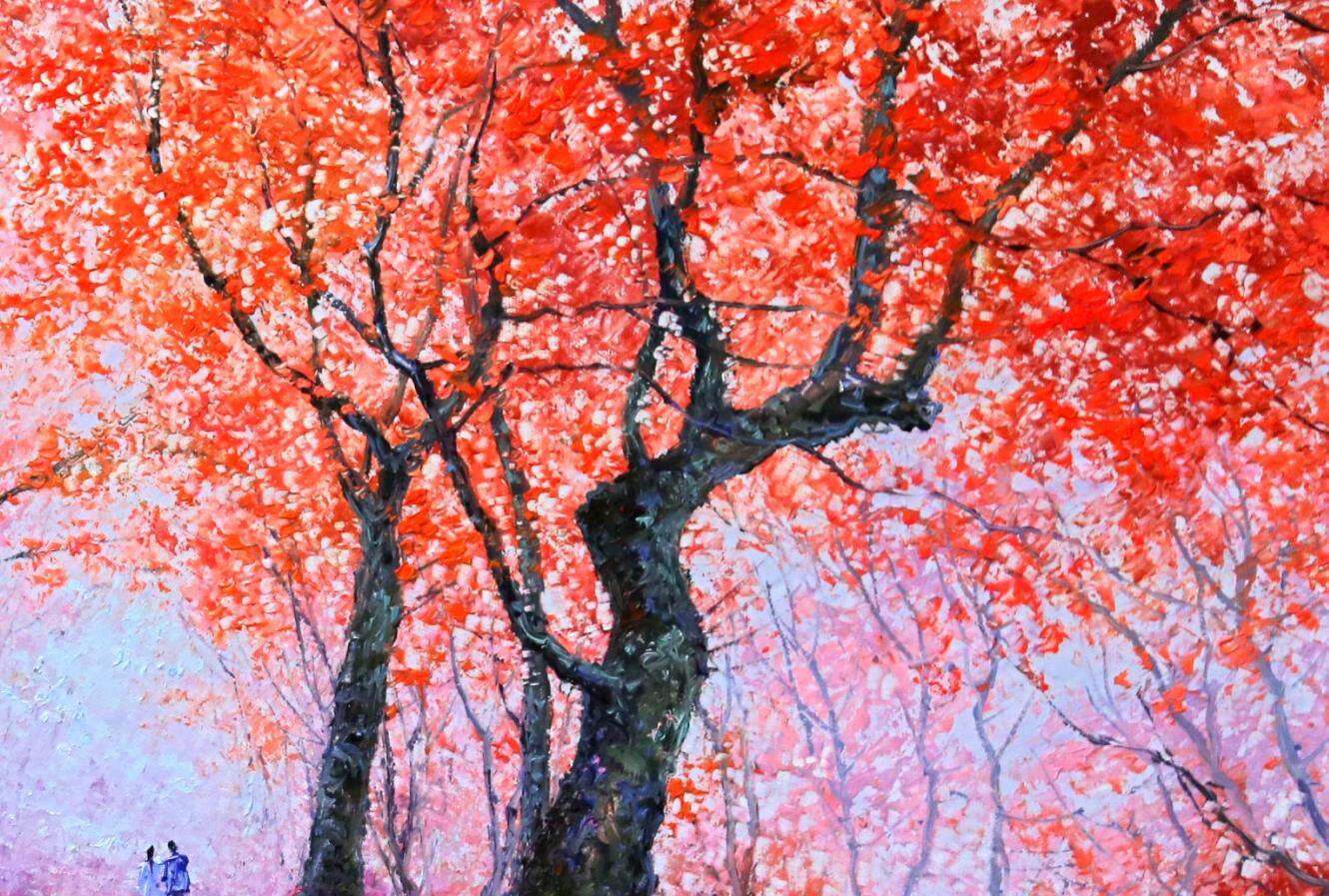 朝鲜油画一级画家 白恩哲 《风景浪漫金秋 》客厅玄关餐厅装画