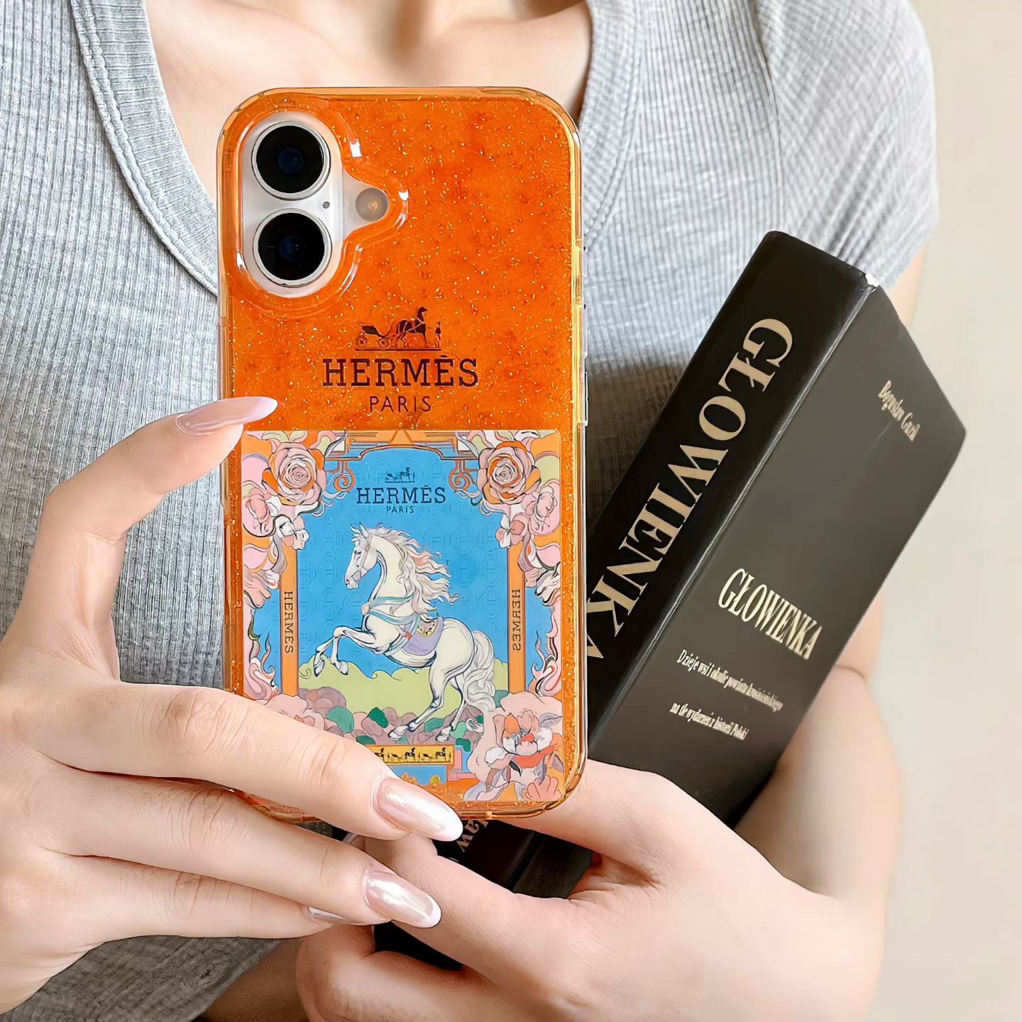 实拍全新闪粉双层爱马仕橙苹果系列手机壳