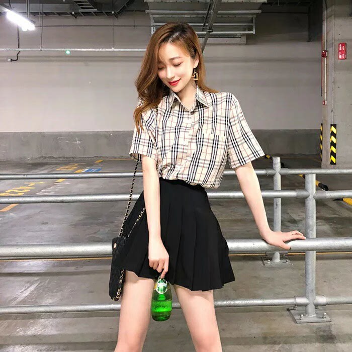 韩国chic复古格纹衬衫 显瘦百褶裙