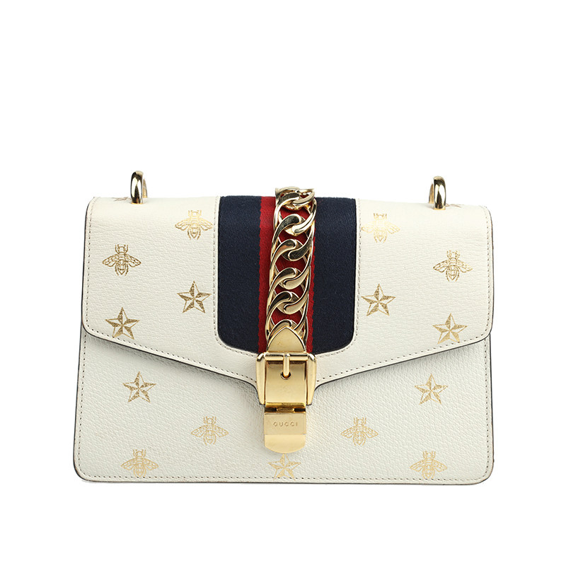 [拍下立减][9.5新]古驰白色牛皮sylvie系列蜜蜂星星链条包