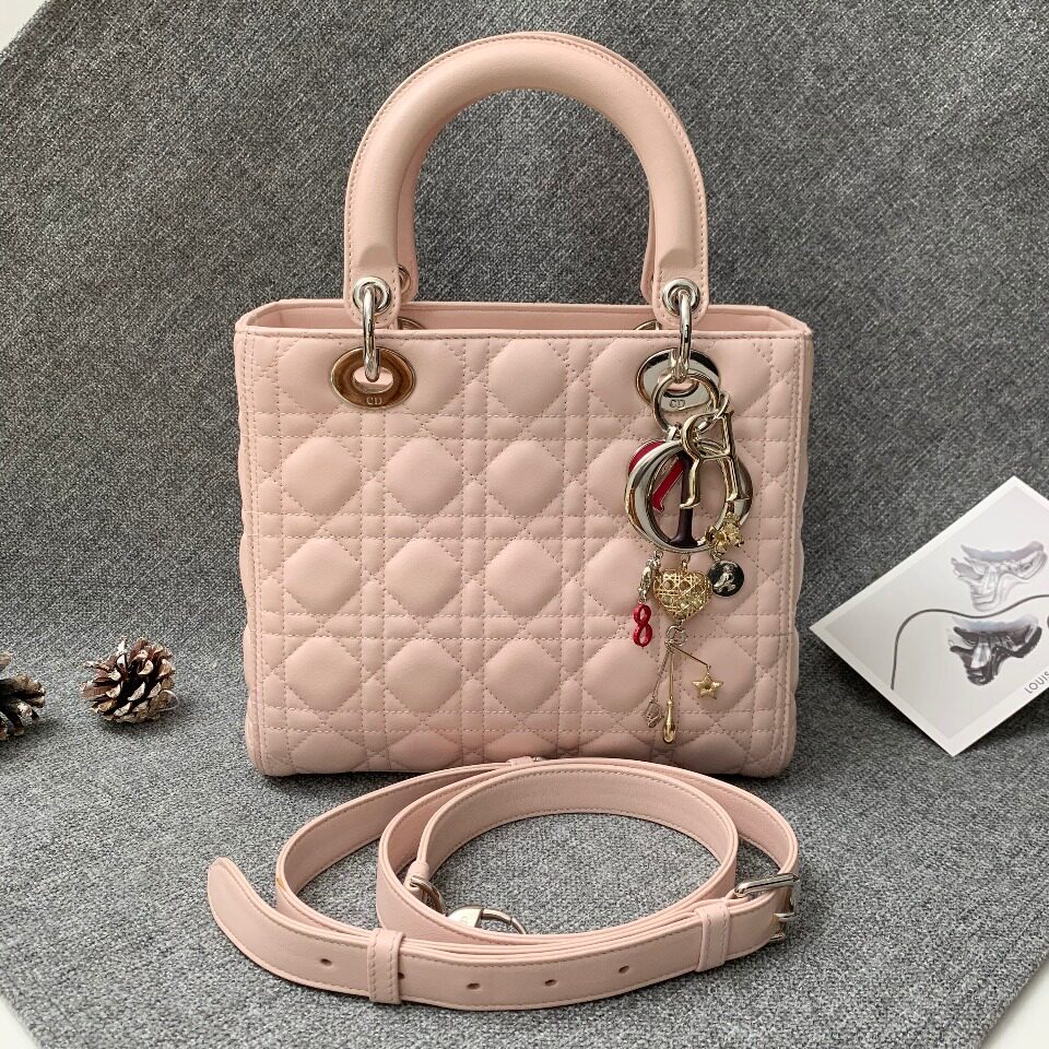 直播[9新]迪奥cal44550_m413粉色小羊皮五珠戴妃包单肩手提