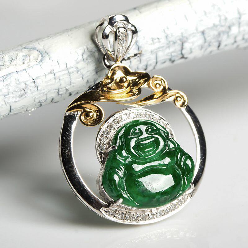元亨祥珠宝  分色镶嵌翡翠a货18k金伴钻老坑种满绿佛公吊坠2.