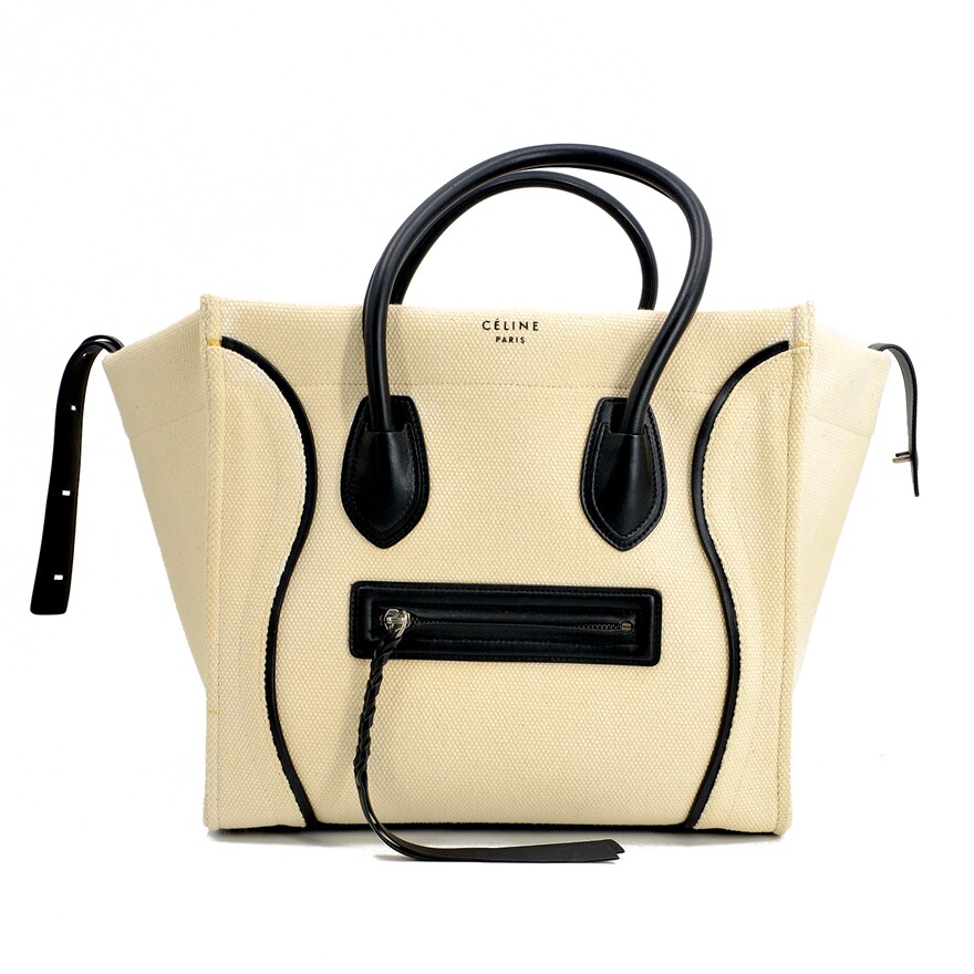 [9.8新][中检]赛琳celine女士phantom幻影系列白色帆布手提笑脸包