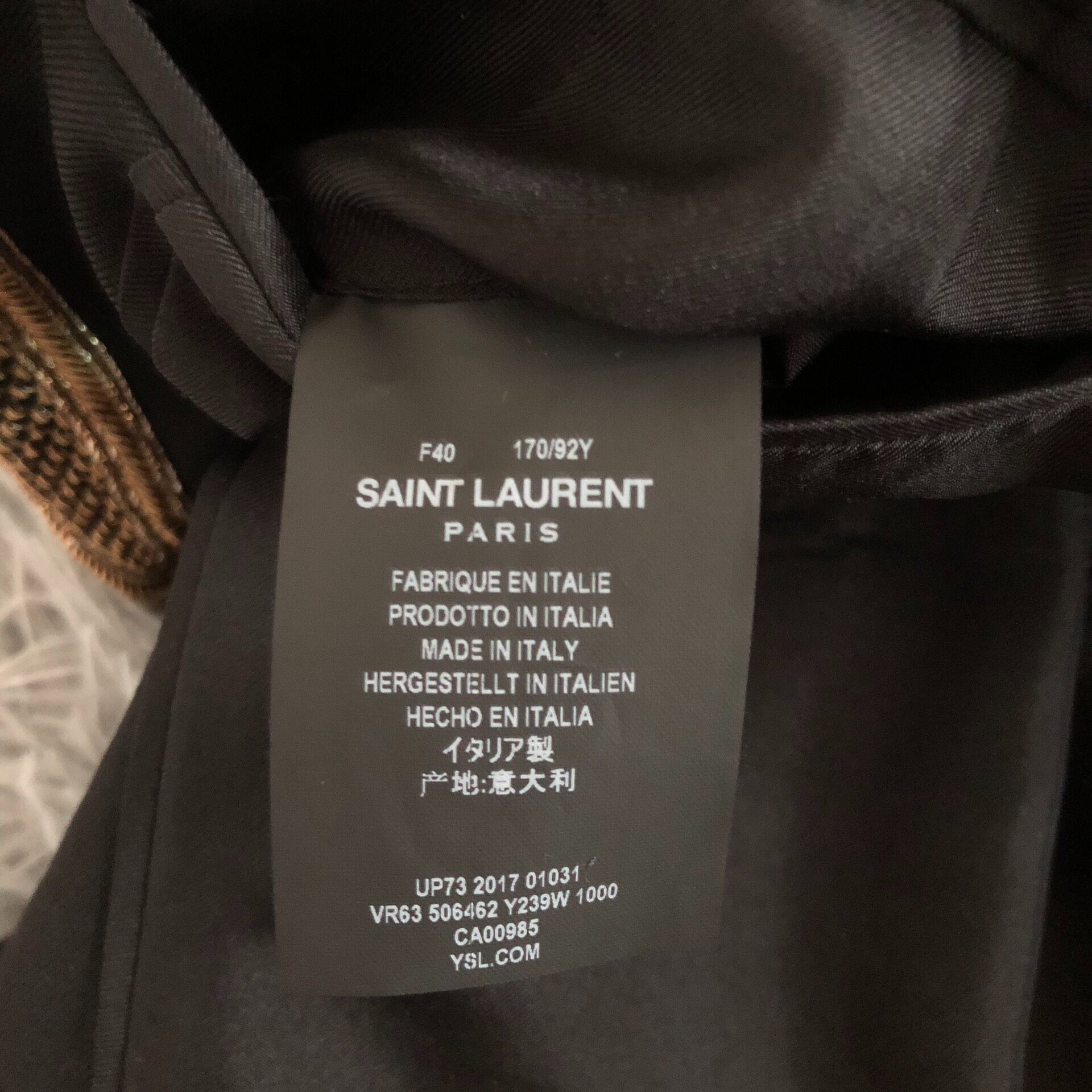 Saint Laurent Gold-Thread Wool Blazer — label