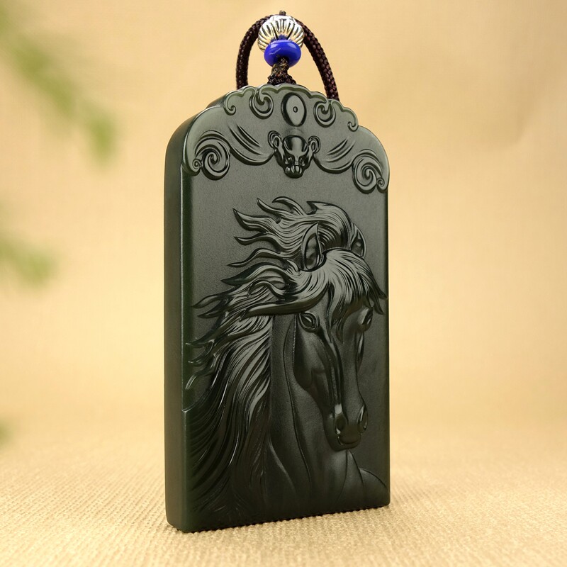 玉雕工作室  免保参拍吴春强工作室【马上有福】和田玉黑青玉马头挂件