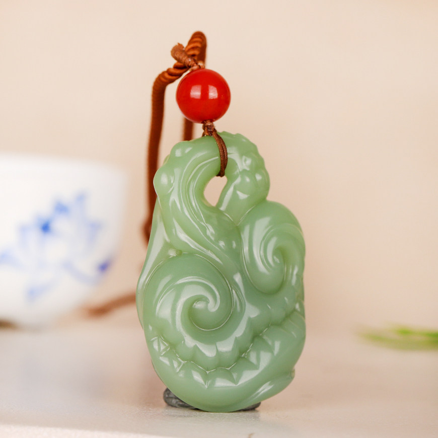 省级玉雕大师丁功博作品和田玉碧玉灵芝如意挂件20克男女同款吊坠