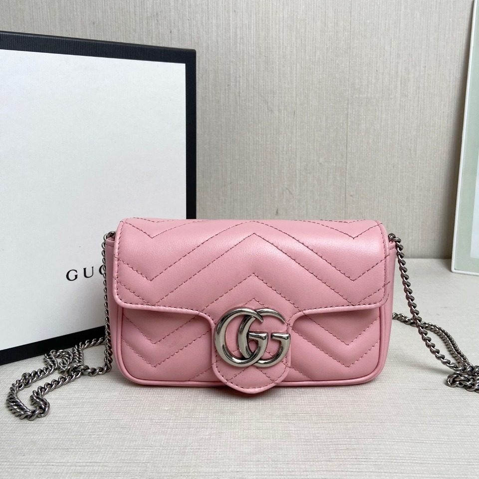 [9新]gucci/古奇gg marmont系列粉色绗缝皮革超迷你手袋476433