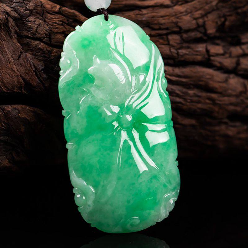 四会直供阳绿满色缅甸天然翡翠荷叶鱼吊坠挂件正品t12.87g