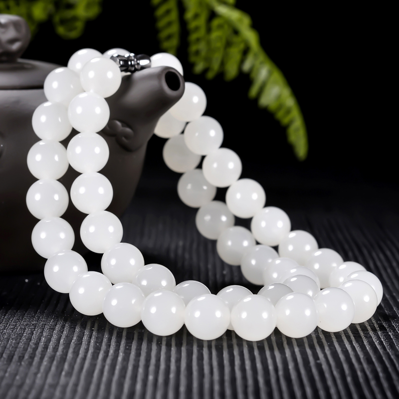 足10mm 颗粒饱满 羊脂玉和田玉项链66.9160克