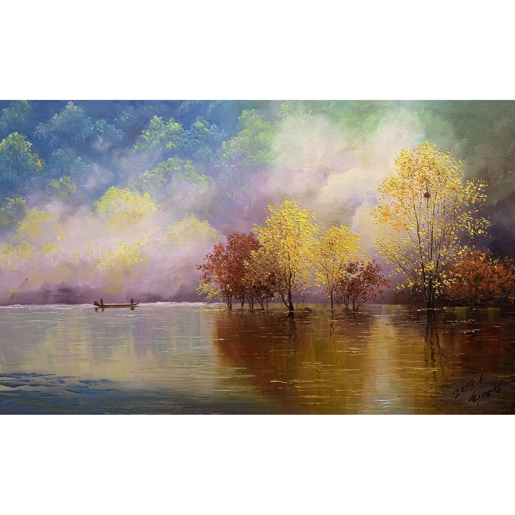 朝鲜油画 一级艺术家 崔明成《秋天的湖面》 星朝美术馆 风景