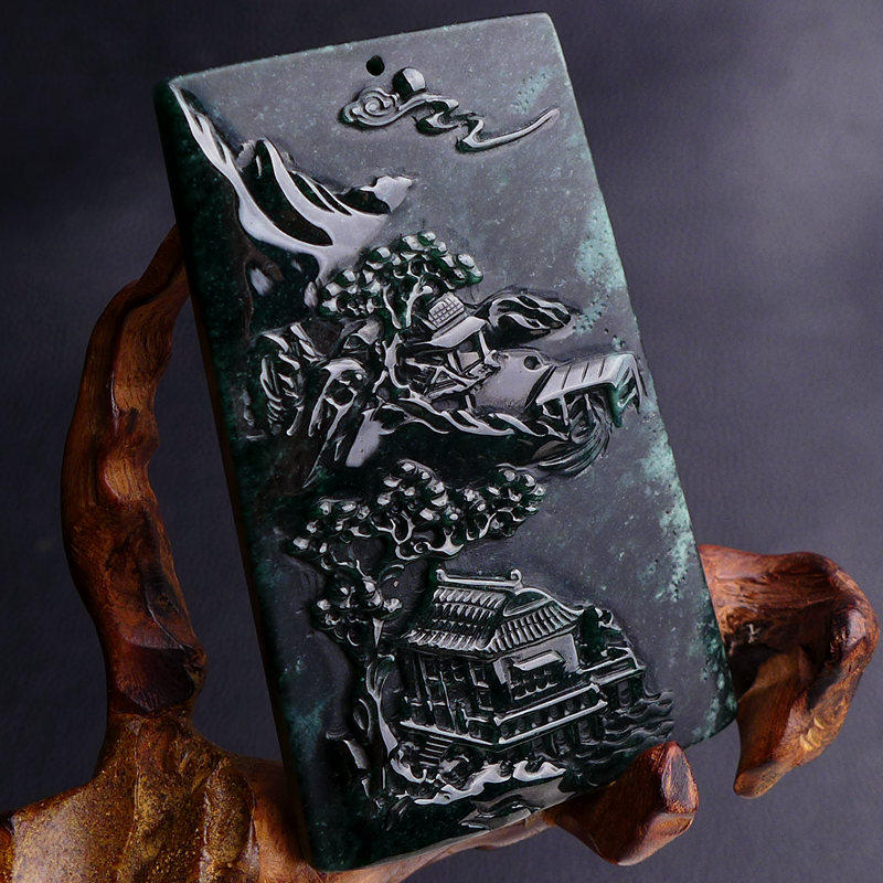 【精雕大件写意山水牌】天然a货墨翠写意山水吊坠54.54g