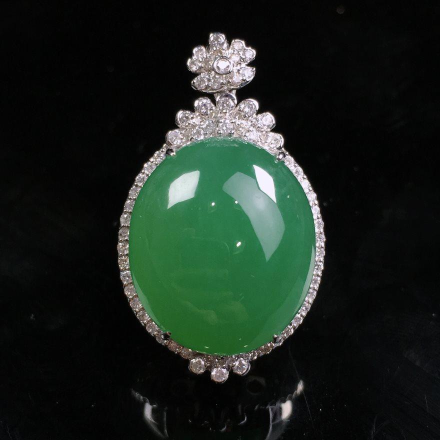 润祥珠宝天然缅甸翡翠a货18k金镶嵌老坑阳绿蛋面吊坠重量8.05g