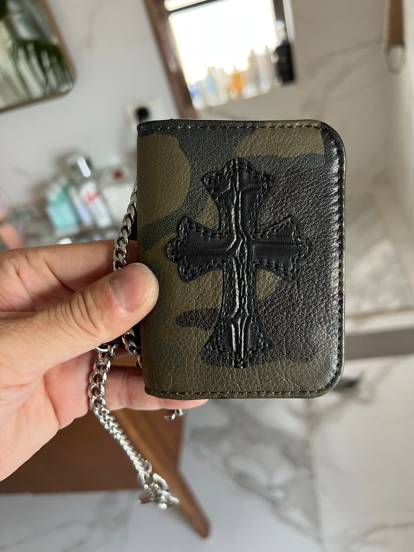 Chrome Hearts Style Roll-Up Card Holder with Chain - Camo Calfskin Leather