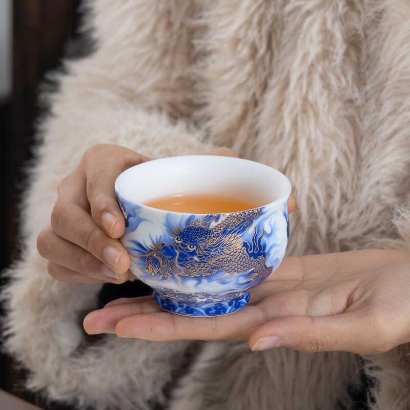 羊脂玉白瓷高档大号蓝龙主人杯陶瓷素烧茶杯中式品茗杯禅定杯茶盏