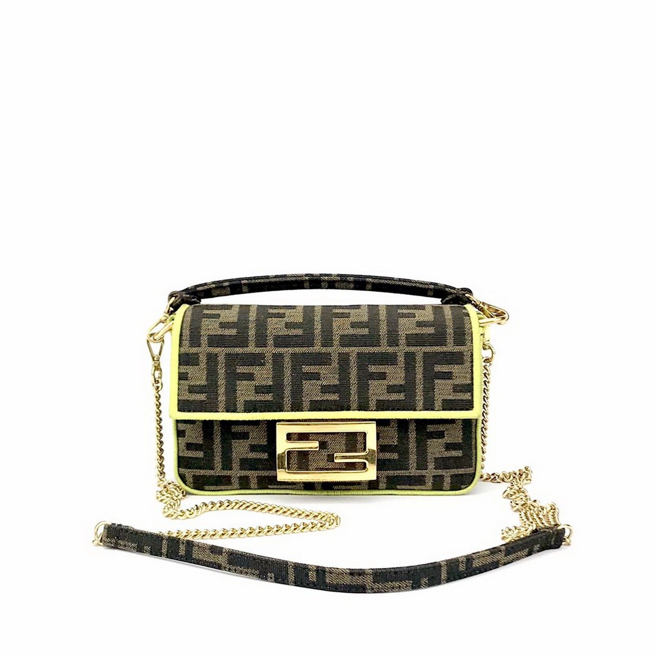 [一元起拍][9新]fendi芬迪 双flogo老花法棍包 黄色滚边 614fd