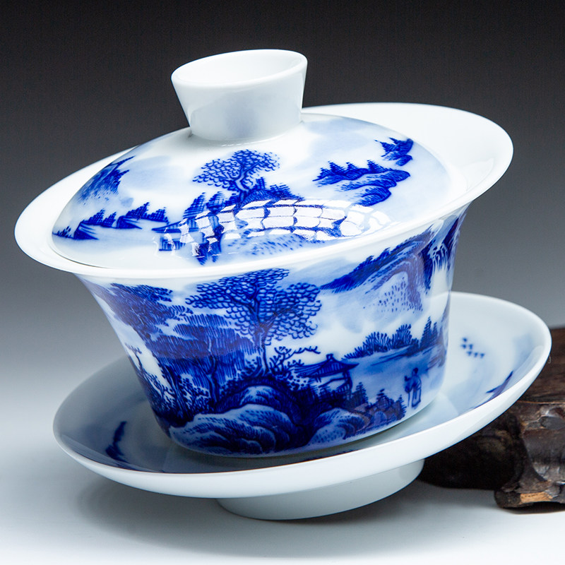 景德镇[青花山水盖碗8号]纯手绘 陶瓷茶碗茶具三才盖碗 礼盒包装