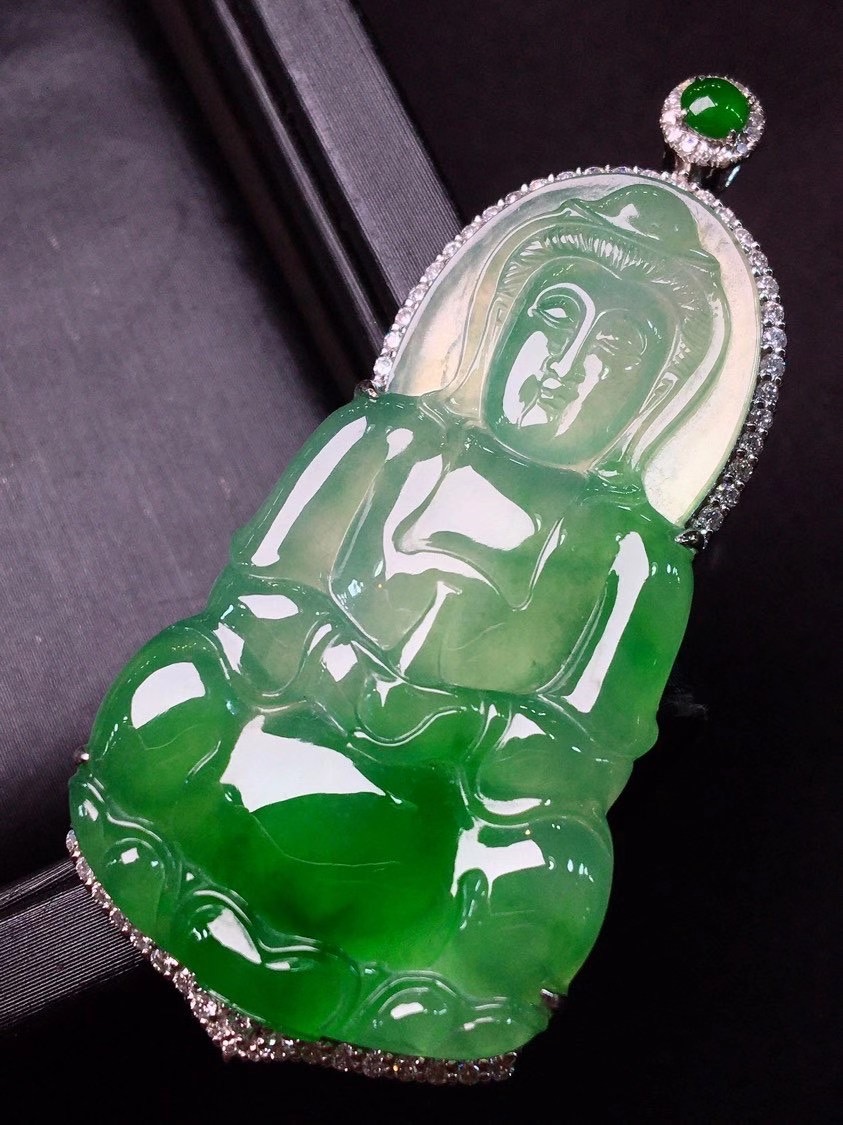 天然缅甸老坑a货翡翠18k金伴钻豪华镶嵌阳绿高冰种玉观音吊坠玉坠