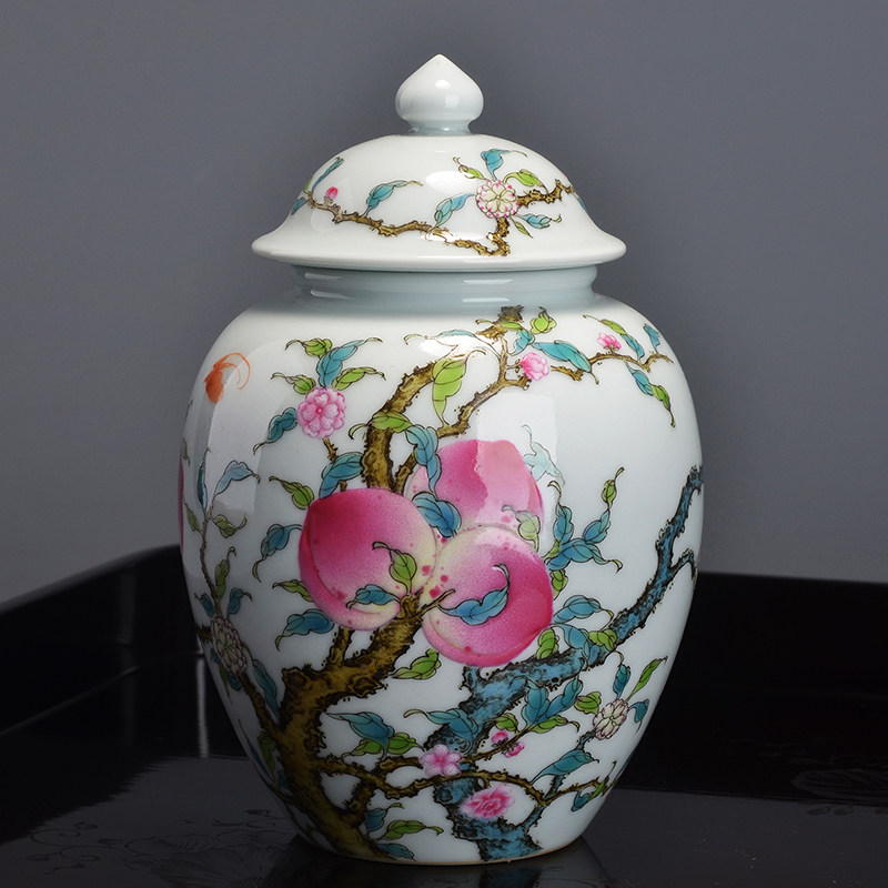 格物 收藏级 瓷胎珐琅彩过墙寿桃纹将军罐茶叶罐存茶罐摆件赏器