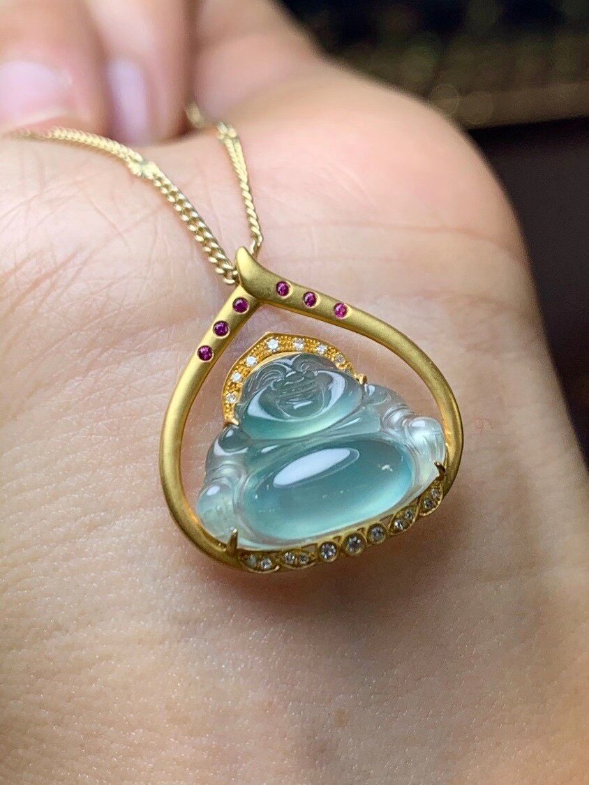 正品玉石缅甸纯天然翡翠a货18k金豪华镶嵌高冰种晴水招财玉佛吊坠