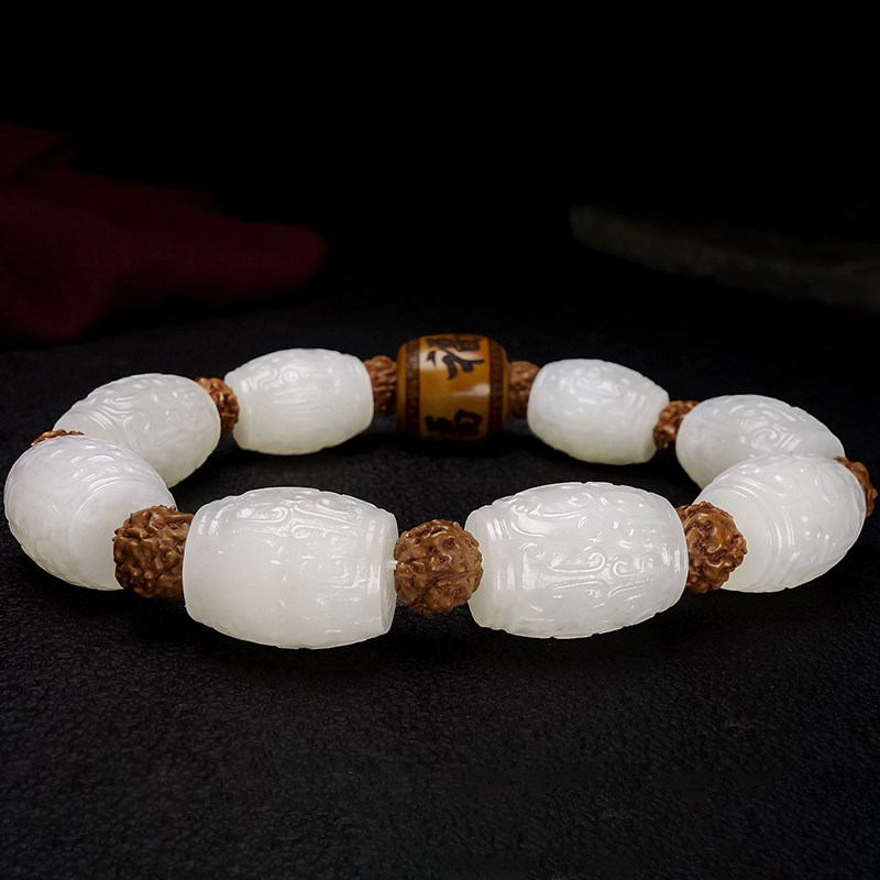 寓意【锣鼓手串】省级大师王维红玉雕作品 和田玉白玉手链66.61克