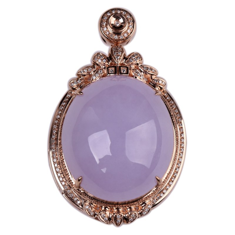 拍卖18k金伴钻镶a货翡翠水润紫罗兰大戒面吊坠-16.43g