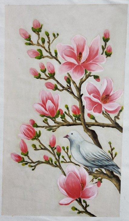 花鸟纯手绘背景装饰画作品。油画布尺寸：40*70。无框。
