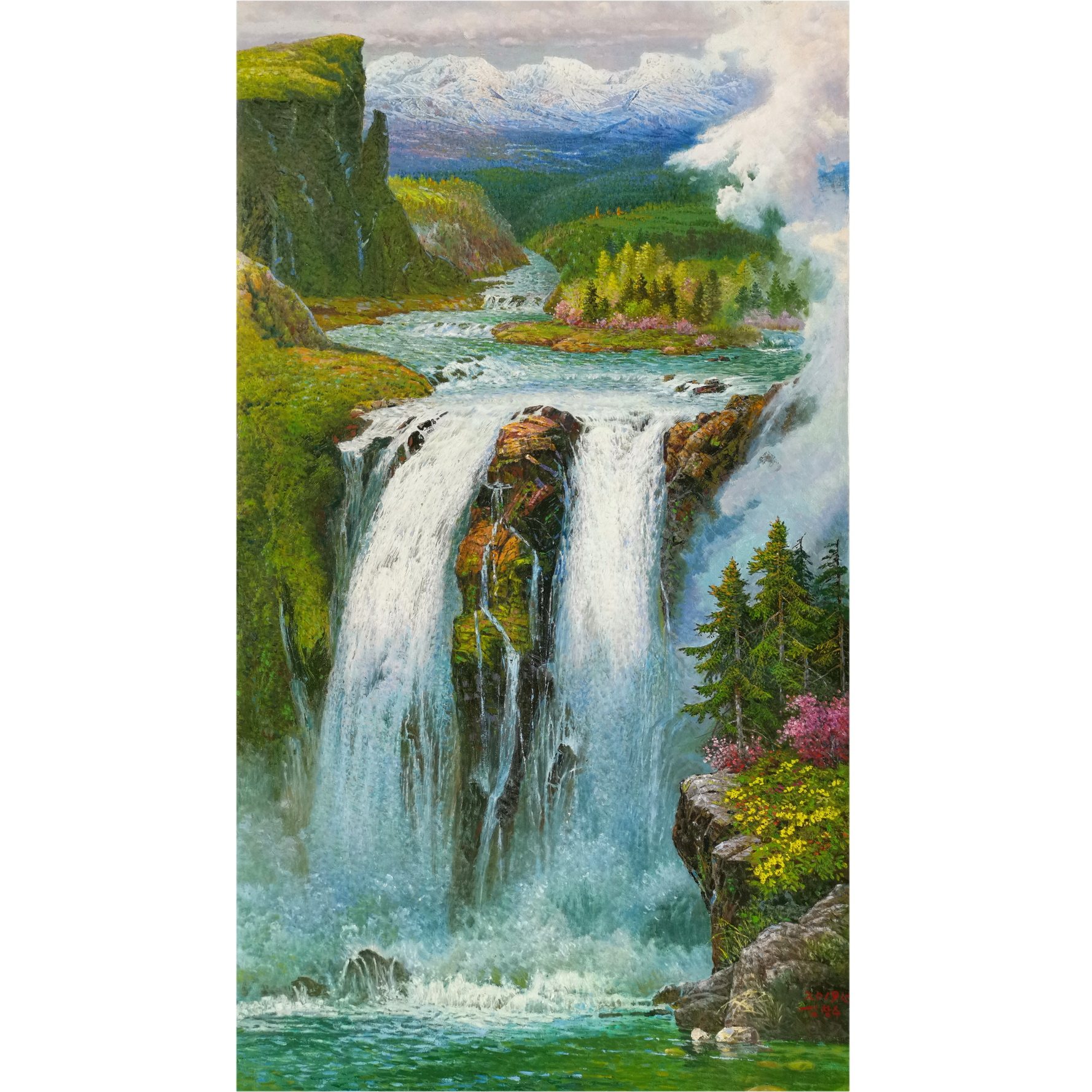 朝鲜画风景油画拍卖 视频看货 玄关装饰画 金昌洙《瀑布秋色》