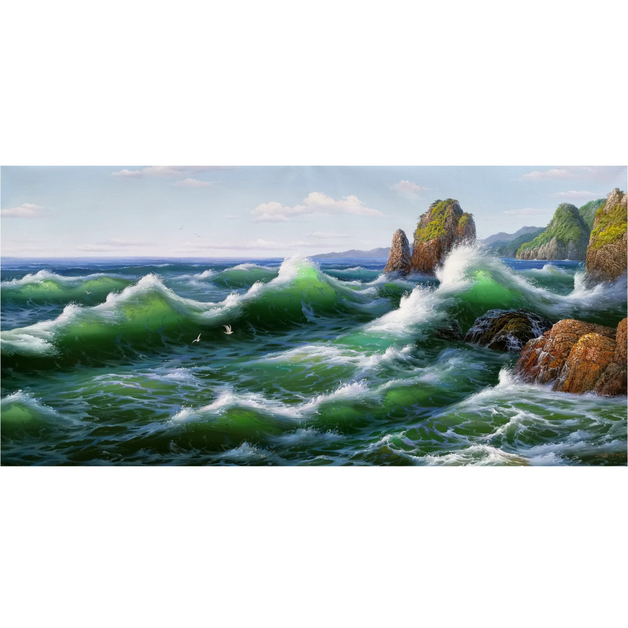 朝鲜画拍卖 客厅装饰画 视频看货 姜大京《外金刚海浪》白虎创