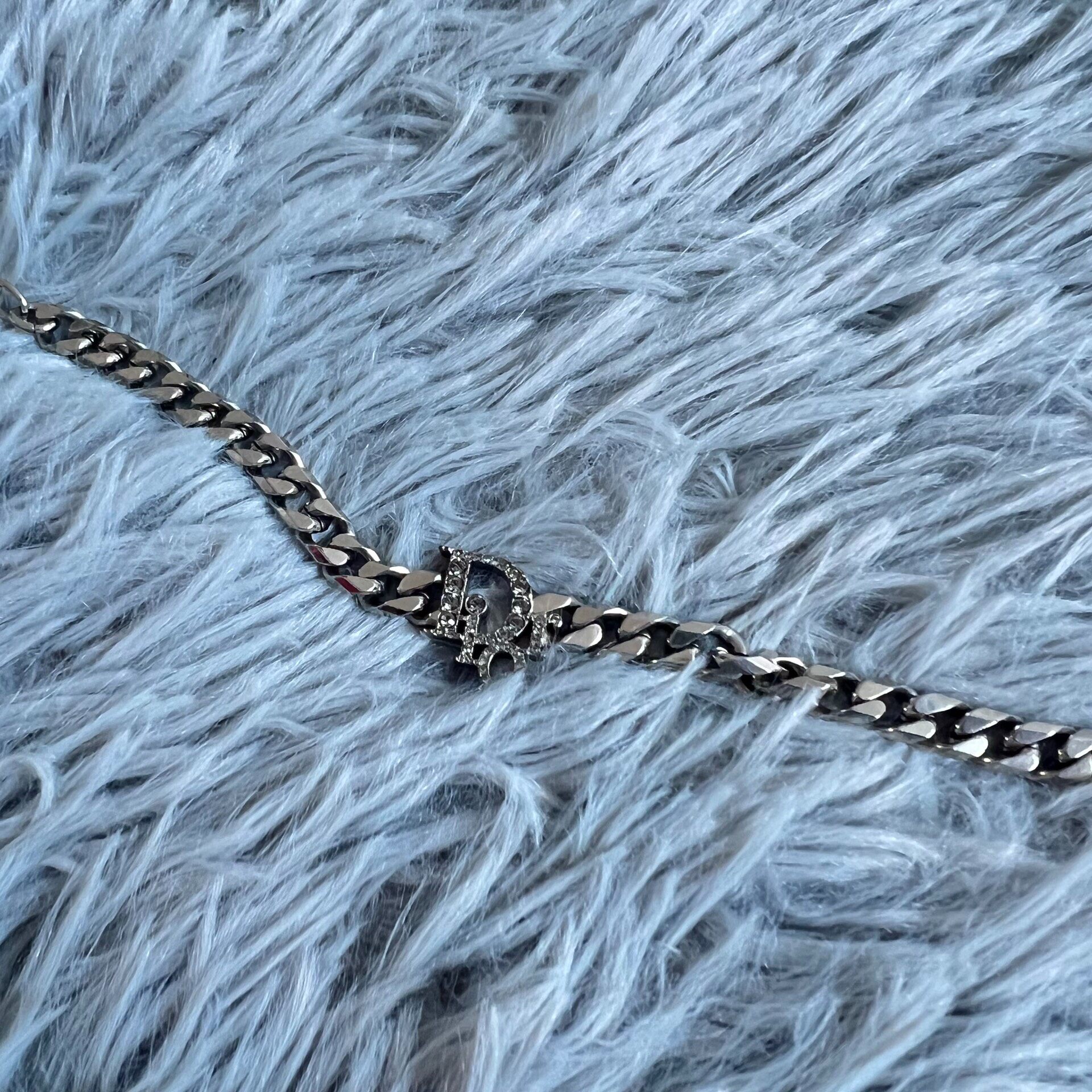Dior Silver Rhinestone 'D' Charm Bracelet — front
