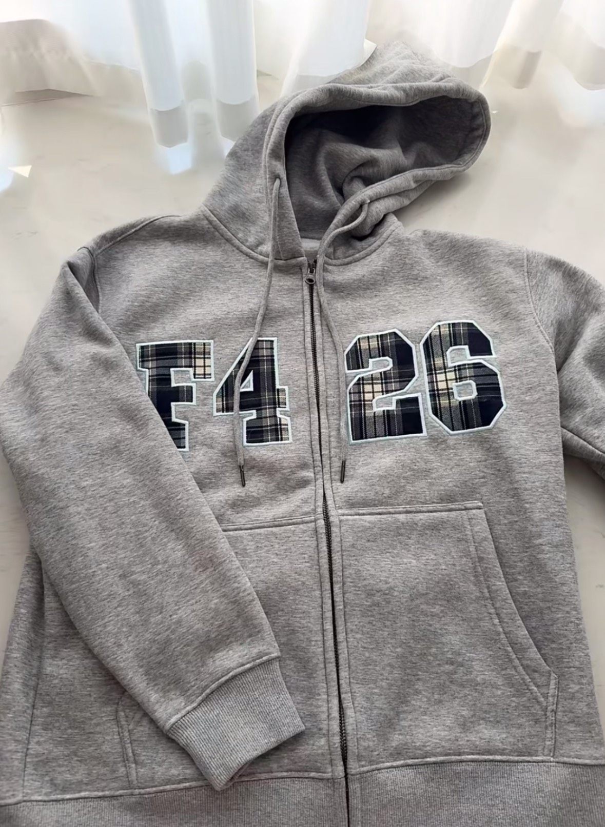 F426国潮牌春季情侣嘻哈宽松大logo格子贴布绣卫衣外套赵露思