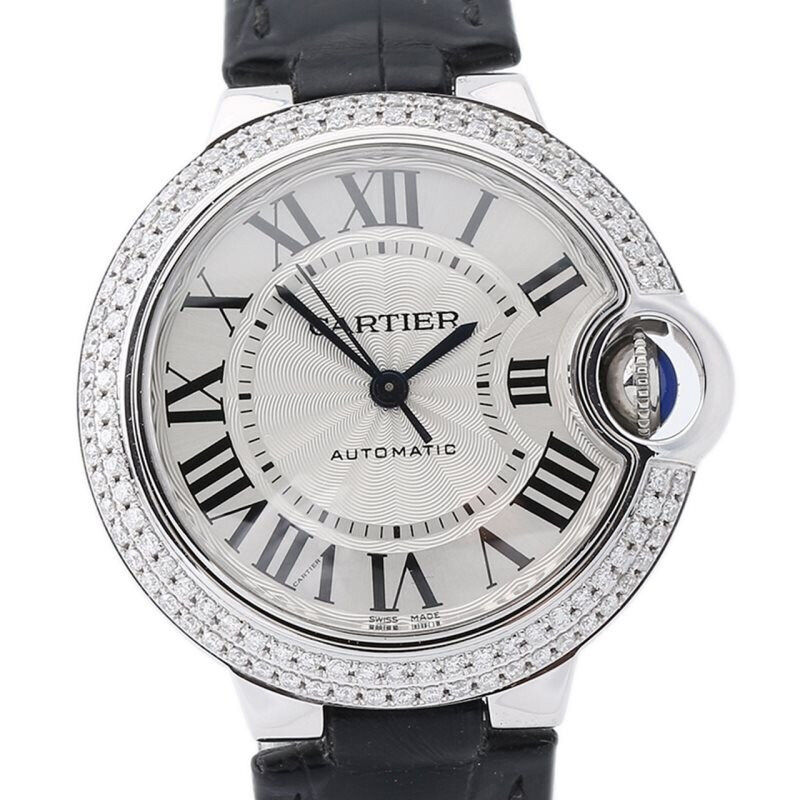 [95新]cartier卡地亚蓝气球精钢后镶钻36表径真皮自动机械男腕表