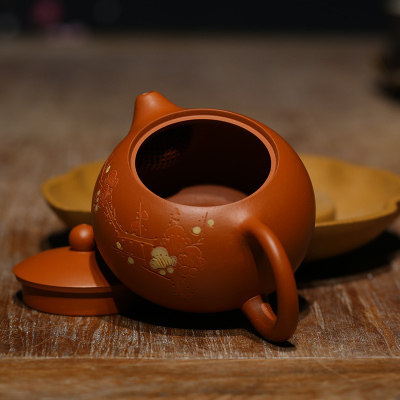 手工刻绘【梅花西施壶】原矿朱泥紫砂茶壶 170cc 复刻徐友泉