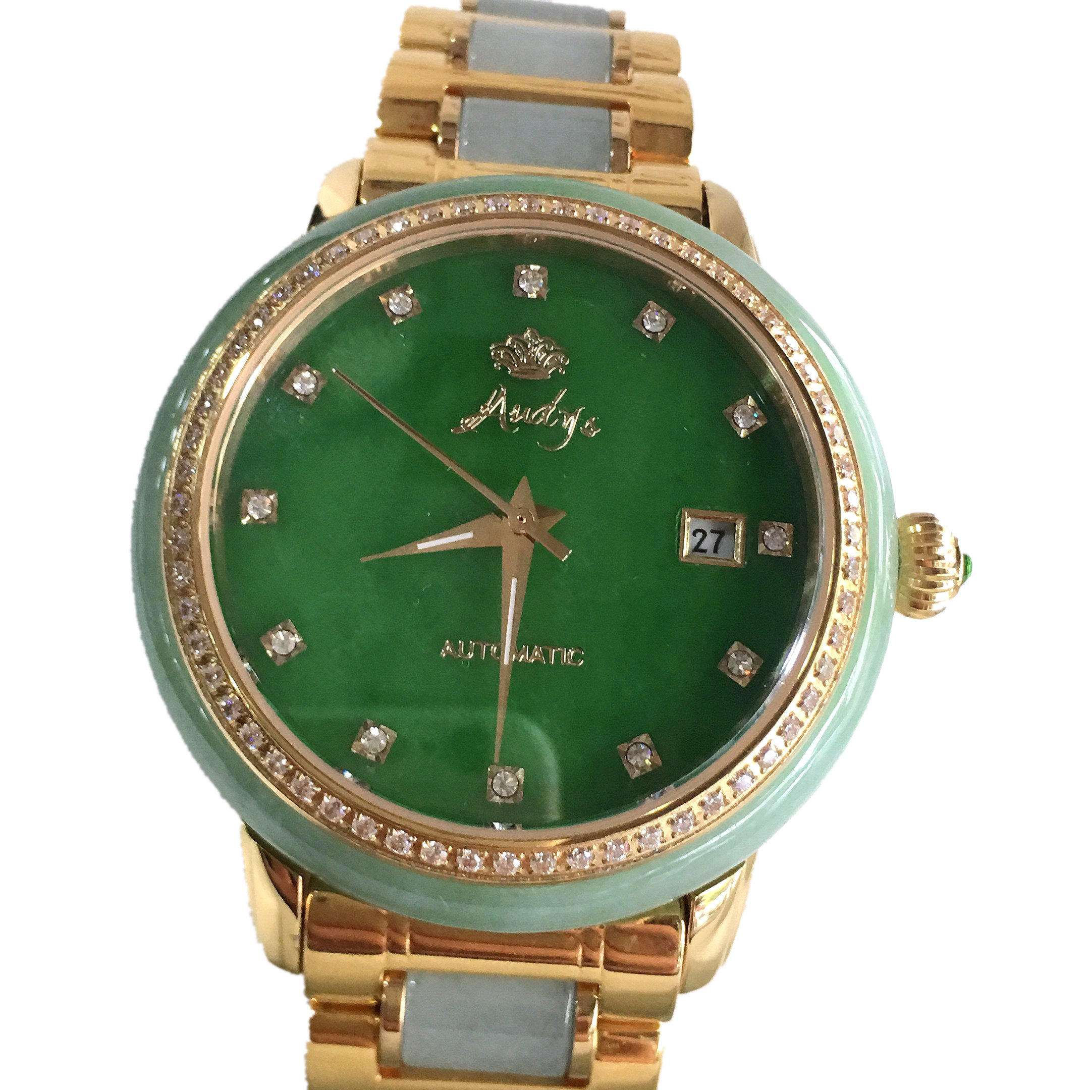 自然光手机实拍新款包邮天然缅甸翡翠a货冰润豆绿飘花手表125.30