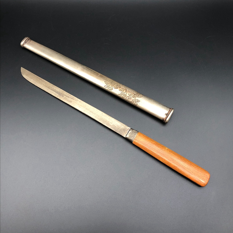 【一元起拍】旧藏錾刻白铜文房裁纸刀 长26.5cm