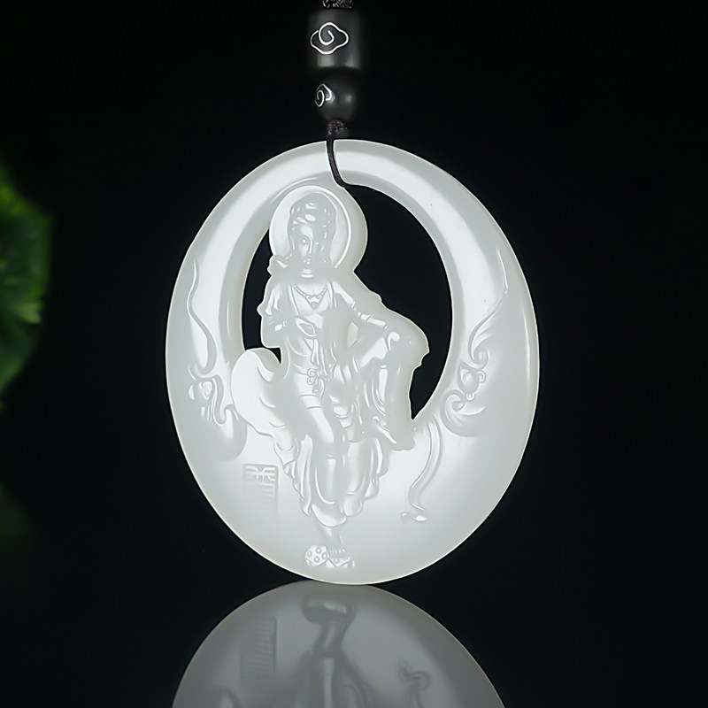 羊脂白玉天然正品和田玉观音菩萨大师时晓铎自在观音挂件吊坠男款