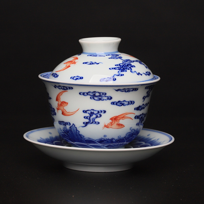 《斗彩福山寿海盖碗》甄景虎工作室 景德镇陶瓷器 茶道用具家用
