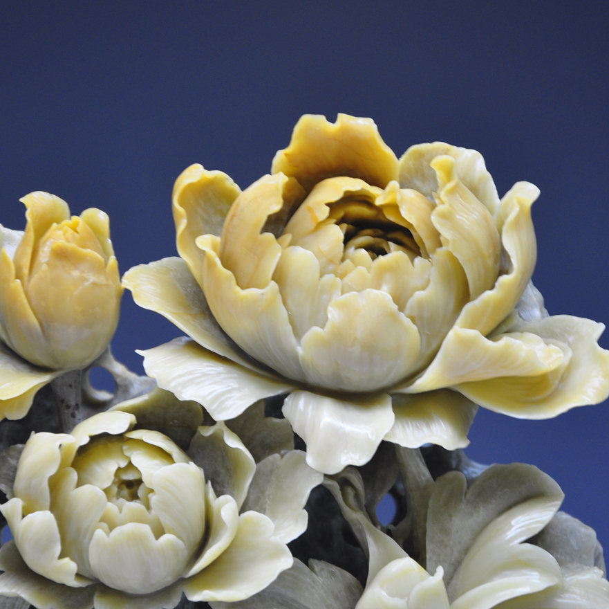 《花开富贵-国色天香》牡丹 花卉 青田石雕摆件 乔迁送礼