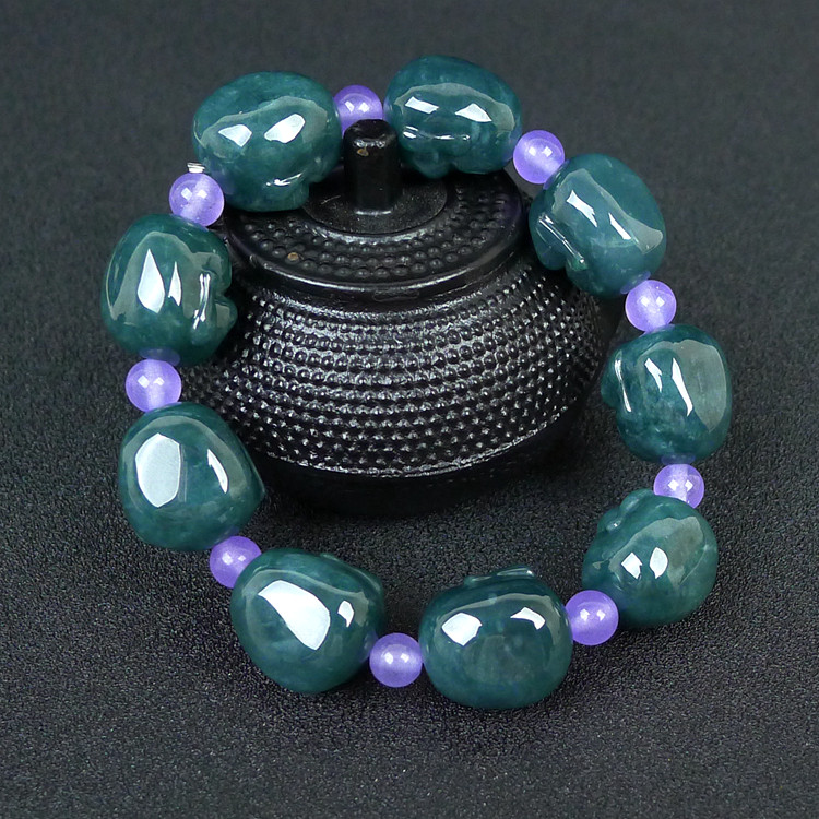 七彩祥云拍卖天然a货翡翠蓝水佛公笑佛手链手串 72.29g